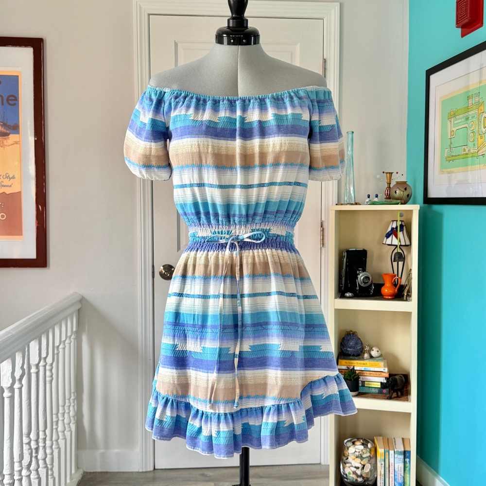 Anthropologie Drew Metallic Stripe Puff Sleeve Ruffle Dress (size XS)